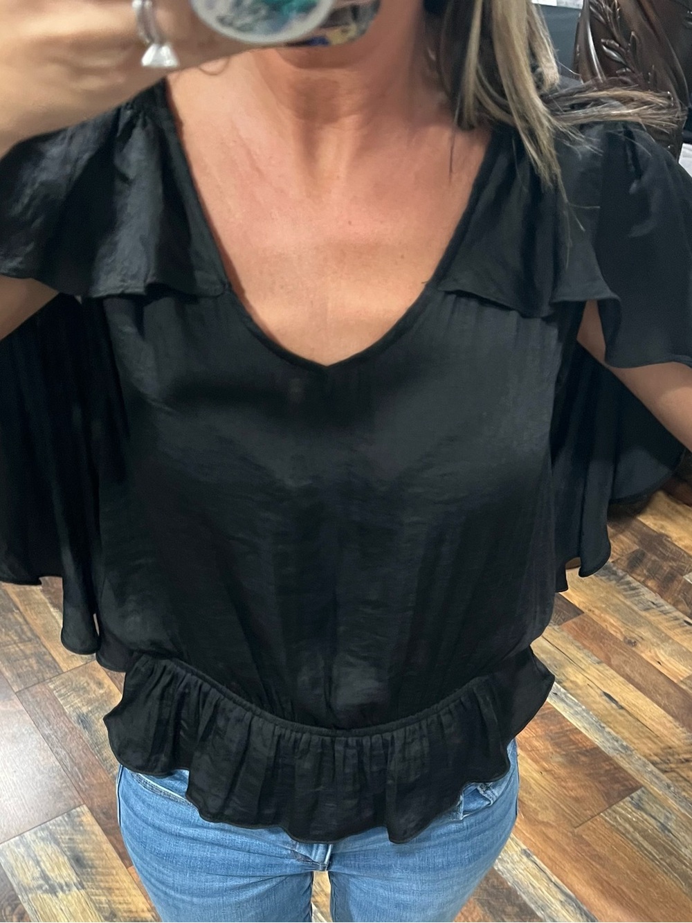 Black Ruffle-Hem V-Neck Women's Top